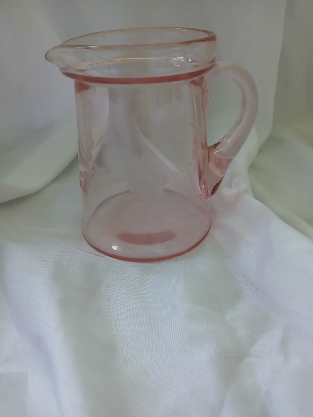 Pink Floral Etched Glass  w/ Handle, 8 oz, 5 in Tall Decorative
